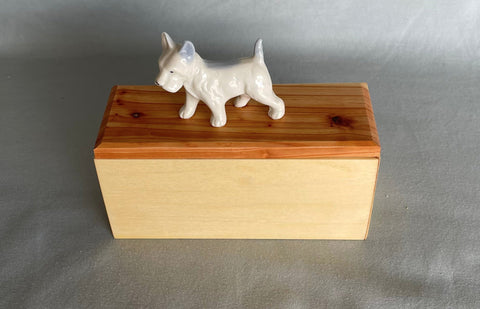 Wooden keepsake box  Super sweet Vintage, ceramic Scotty dog mounted on a wood gift box  Just a “sweet” box to decorate and store keepsakes on the family desk  The Scotty is a vintage piece made in Japan, circa 1950’s  The top of the box is Cedar, and the bottom is Aspen  The box is ideal for pencils, pens, keepsakes, or that special bracelet  6" long x 5" high x 2 3/8" wide