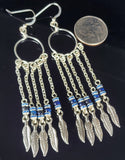 Silver Feather Earrings in Blue