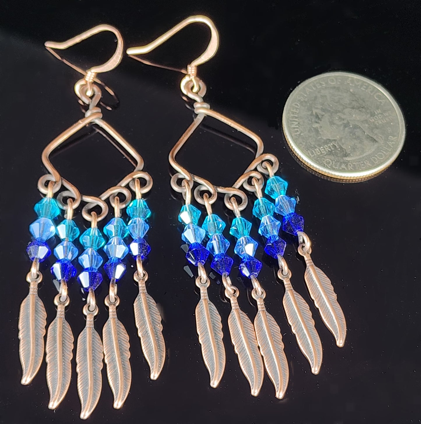 Copper Feather Earrings in Blue