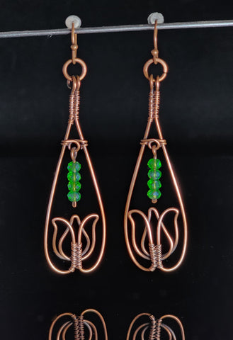 Green Bead Copper Tulip Earrings