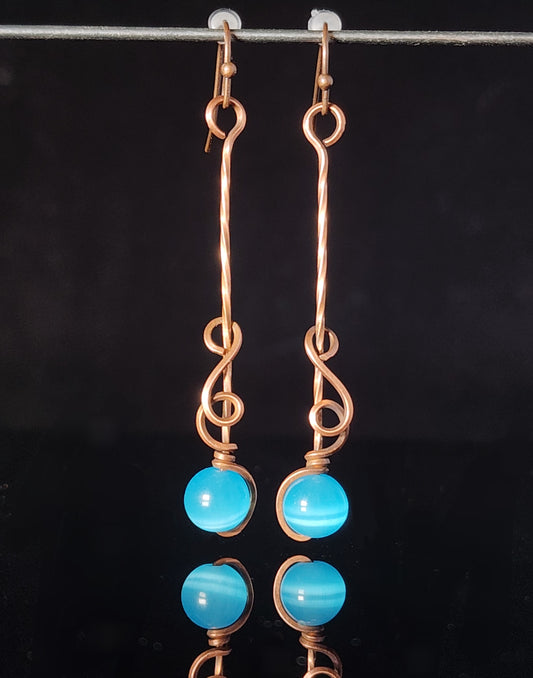 Blue Cat's Eye Sphere Dangle Earring