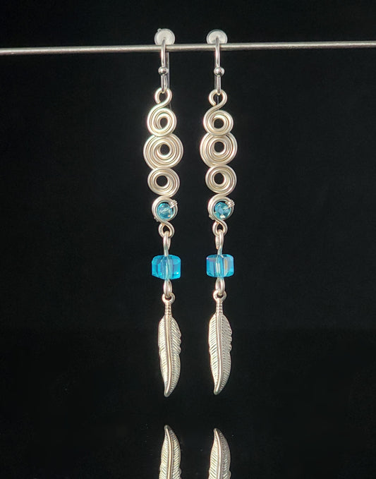 Earrings - " Feather " Silver and Blue