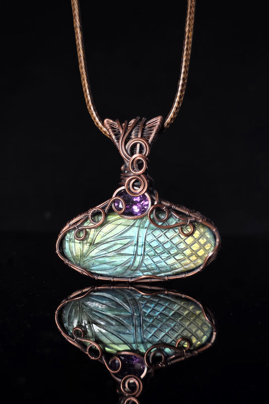 Necklace - Wire Wrapped Carved Labradorite Pendant
