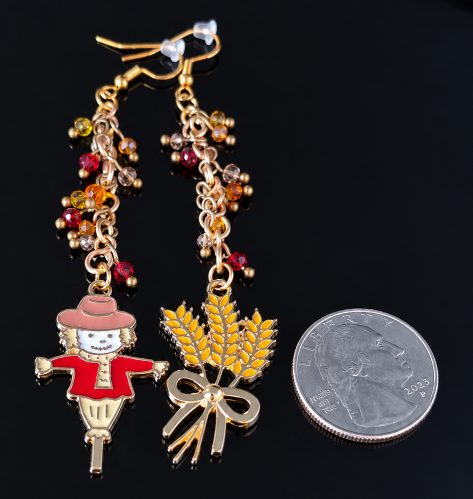 Earrings- Fall Themed Dangles- Scarecrow and Wheat