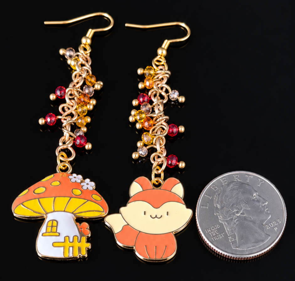 Earrings- Fall Themed Dangles- Fox and Mushroom