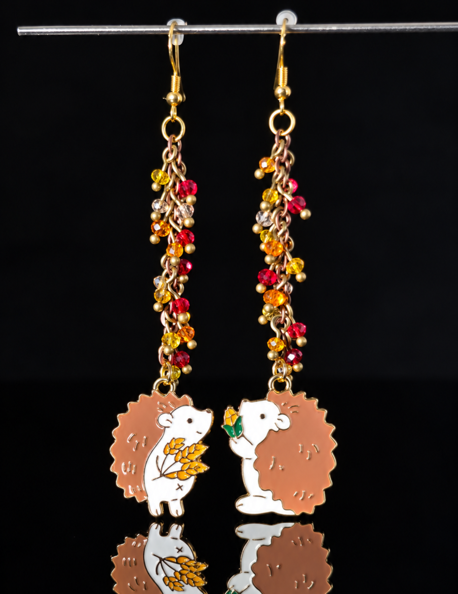 Earrings- Fall Themed Dangles- Hedgehog Couple