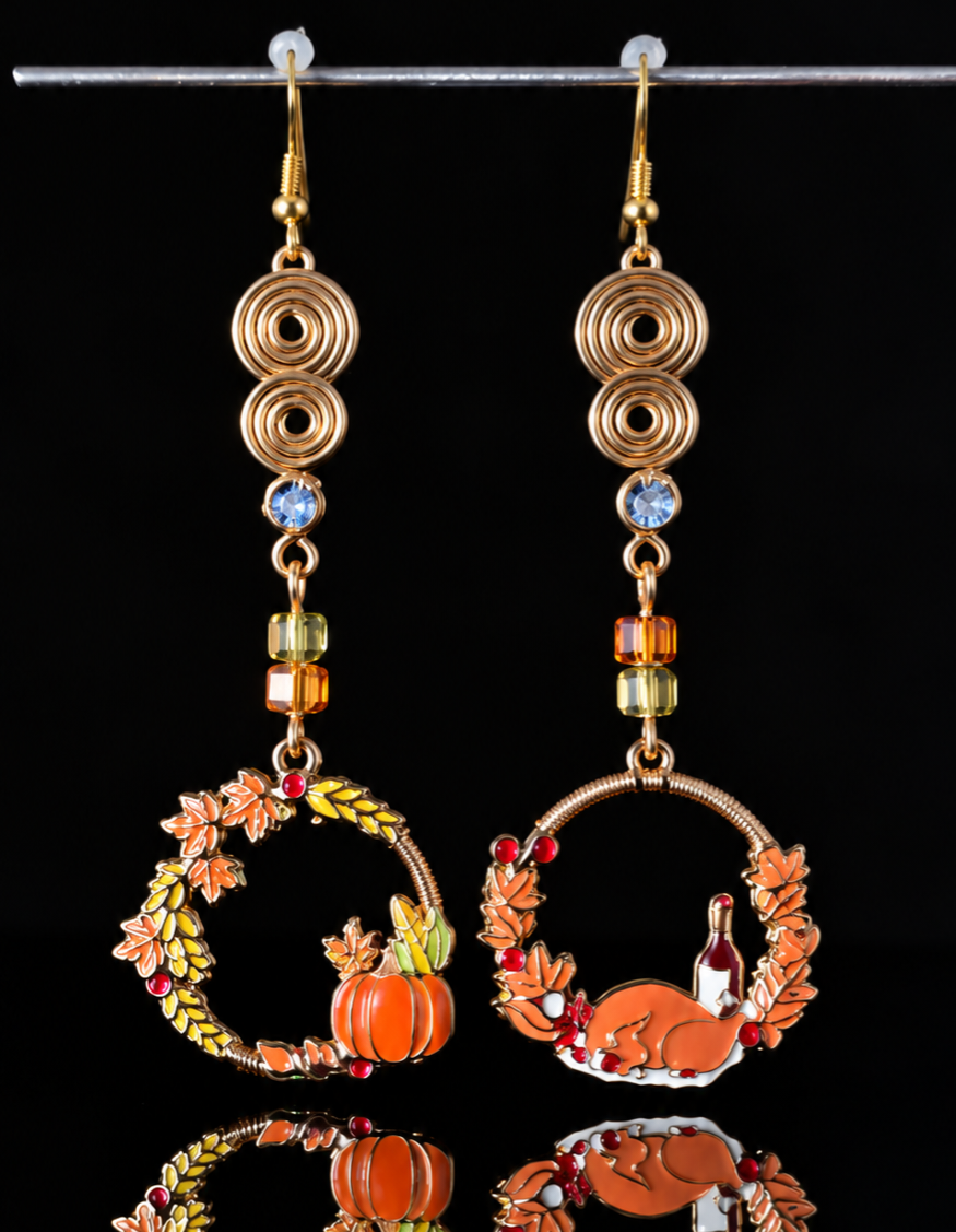 Earrings- Fall Themed Dangles- Turkey and Pumpkin