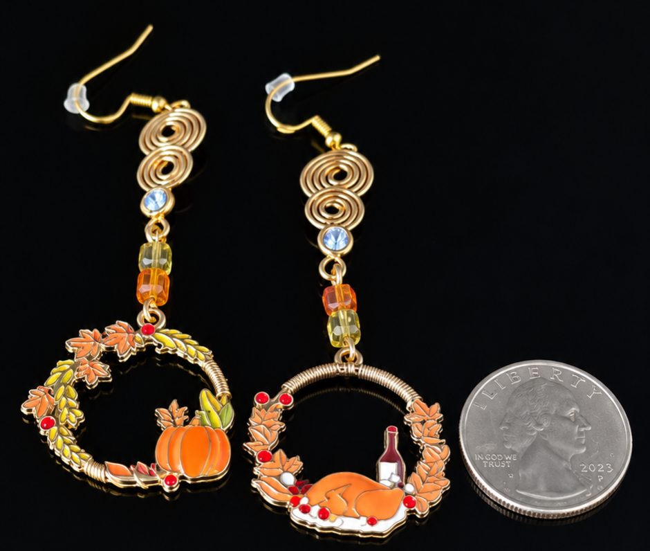 Earrings- Fall Themed Dangles- Turkey and Pumpkin