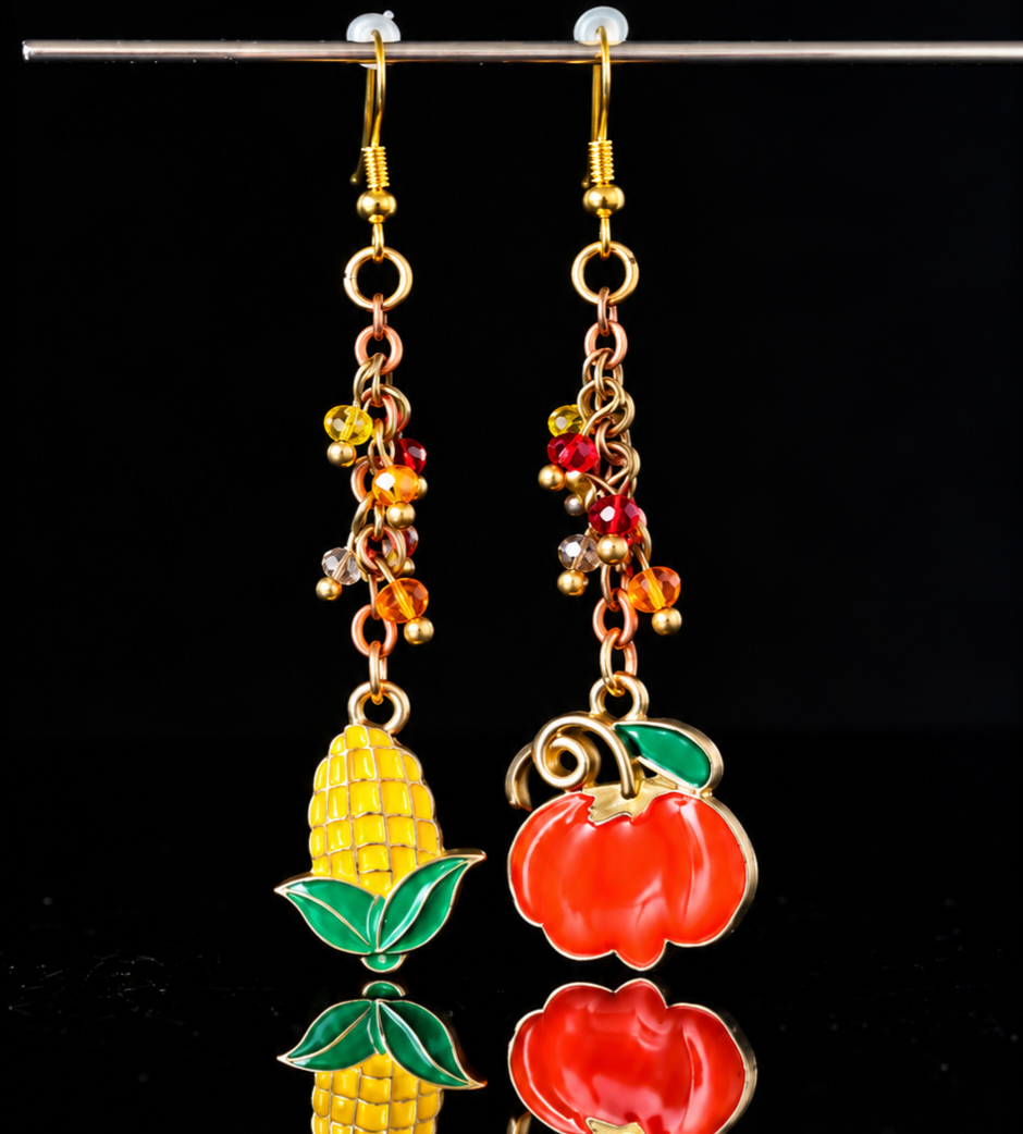 Earrings- Fall Themed Dangles- Corn and Pumpkin