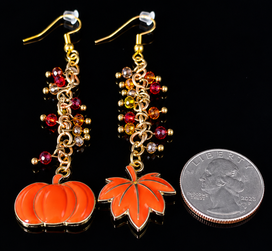 Earrings- Fall Themed Dangles- Pumpkin and Leaf