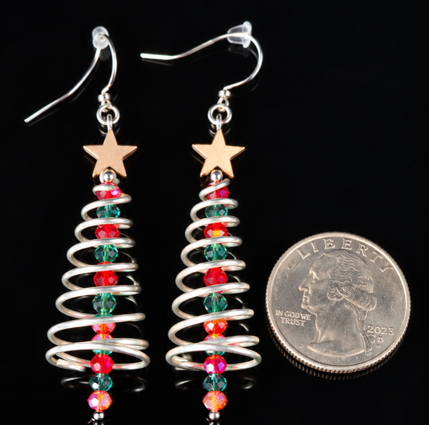 Earrings- Holiday Themed- Spiral Christmas Tree- Silver