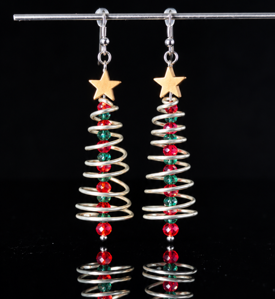 Earrings- Holiday Themed- Spiral Christmas Tree- Silver