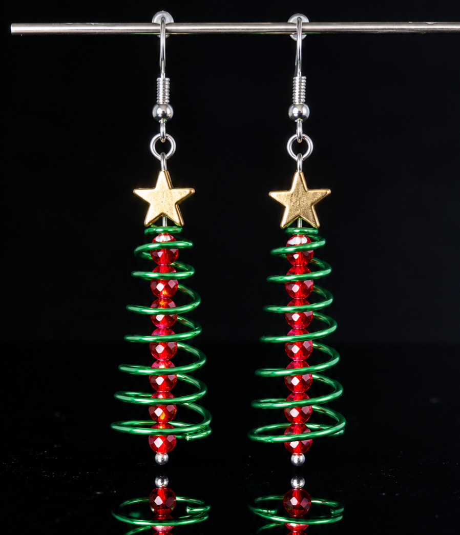 Earrings- Holiday Themed- Spiral Christmas Tree- Green