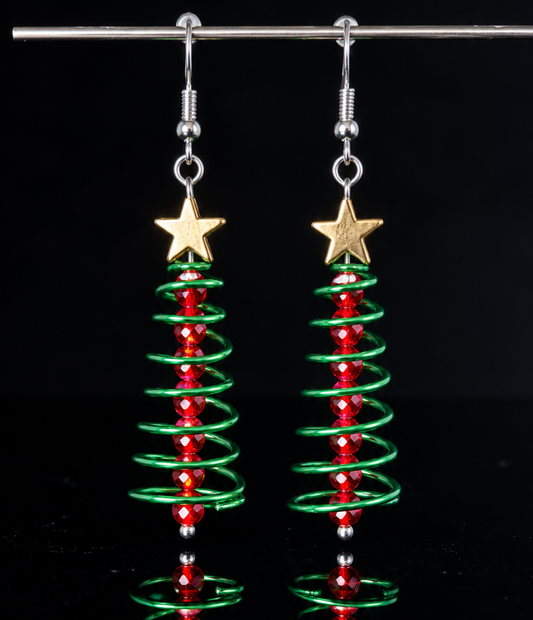 Earrings- Holiday Themed- Spiral Christmas Tree- Green