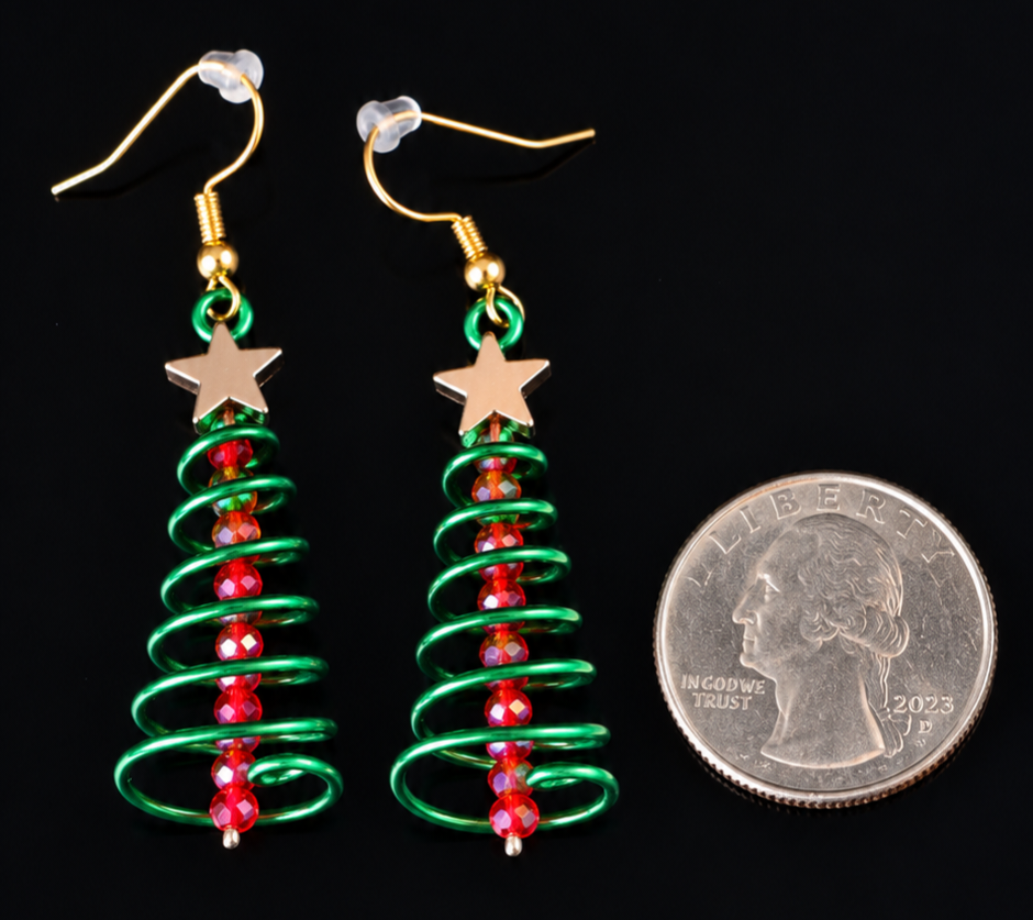 Earrings- Holiday Themed- Spiral Christmas Tree- Green