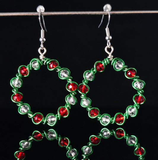 Earrings- Holiday Themed- Wreath- Red and White