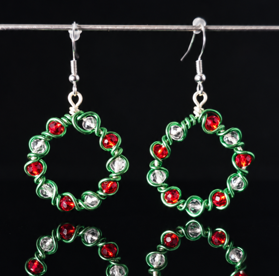 Earrings- Holiday Themed- Lg Wreath- Red and White
