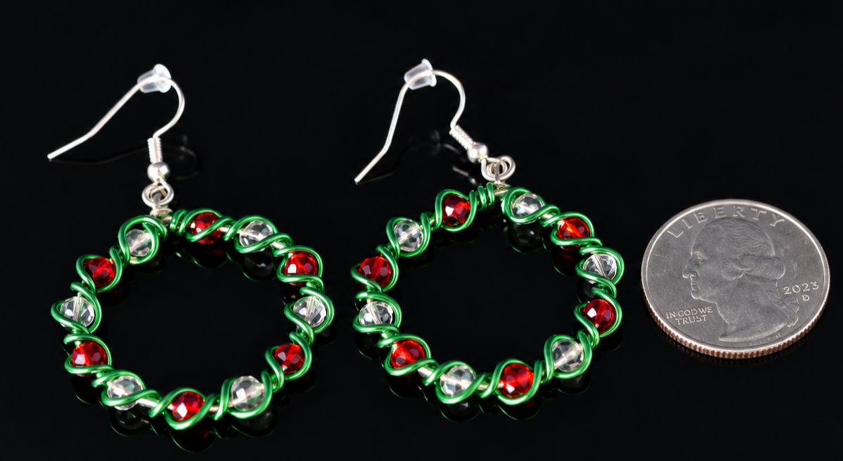 Earrings- Holiday Themed- Lg Wreath- Red and White