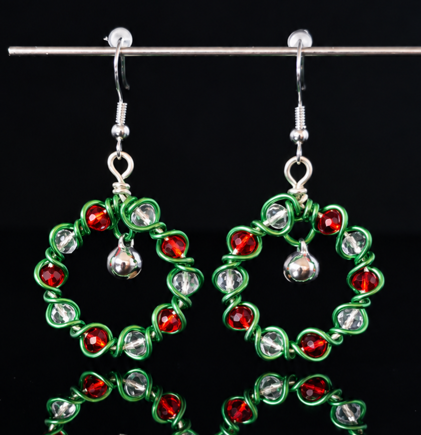Earrings- Holiday Themed- Wreath- Red and White W/ Bell