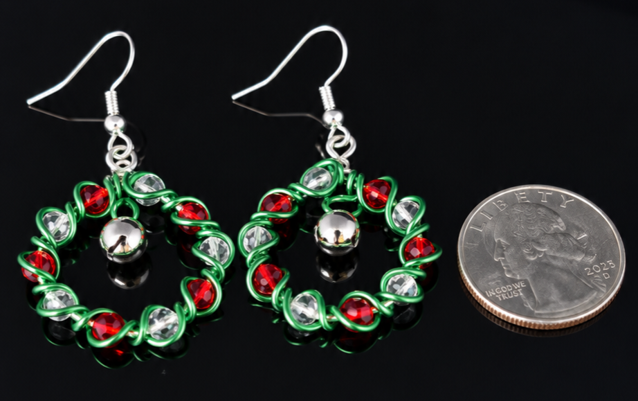 Earrings- Holiday Themed- Wreath- Red and White W/ Bell