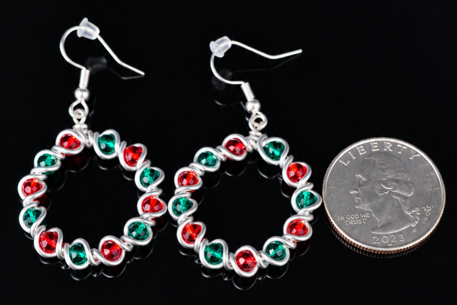 Earrings- Holiday Themed- Wreath- Red and Green