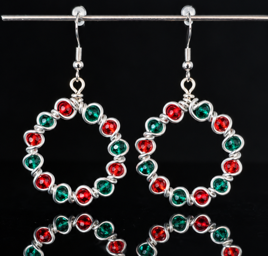 Earrings- Holiday Themed- Wreath- Red and Green