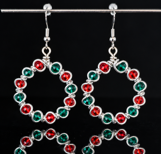 Earrings- Holiday Themed- Wreath- Red and Green