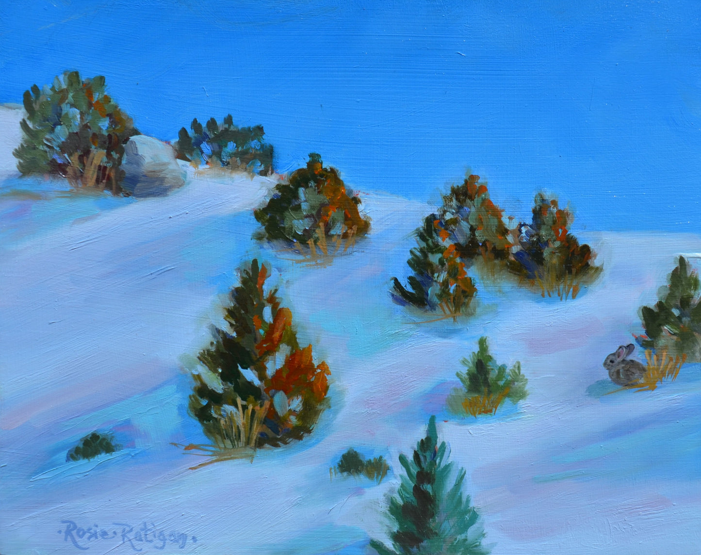 Original Oil Painting Framed- "Long Shadows" Snowy Trees with Bunny