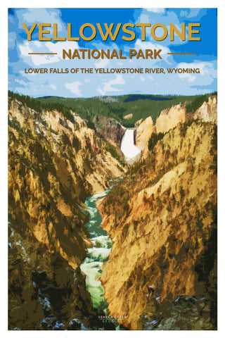 vintage style poster of the Lower Falls on the Yellowstone River in Wyoming