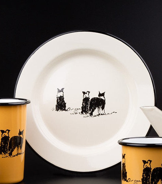 Enamelware - " Sheep? " Three Border Collies