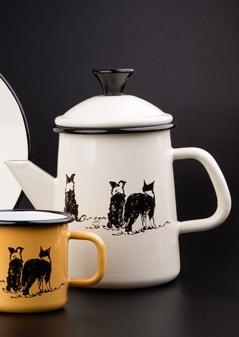 Enamelware - " Sheep? " Three Border Collies