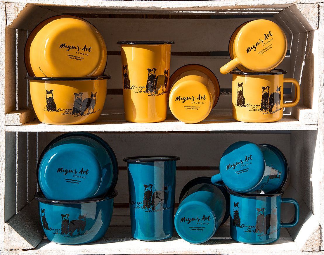 Enamelware - " Sheep? " Three Border Collies