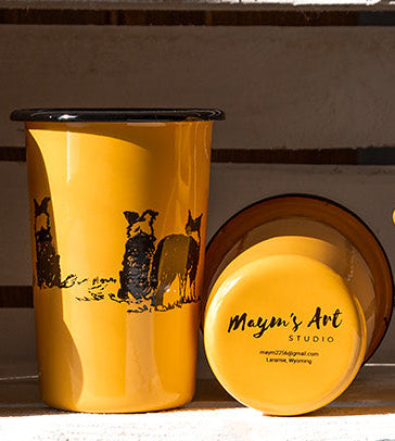 Enamelware - " Sheep? " Three Border Collies