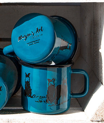Enamelware - " Sheep? " Three Border Collies