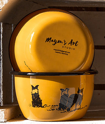 Enamelware - " Sheep? " Three Border Collies