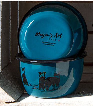 Enamelware - " Sheep? " Three Border Collies