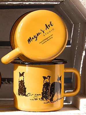 Enamelware - " Sheep? " Three Border Collies
