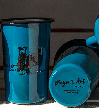 Enamelware - " Sheep? " Three Border Collies