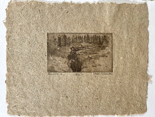 " Packing In " Pack String of Horses Intaglio Etching on Handmade Paper