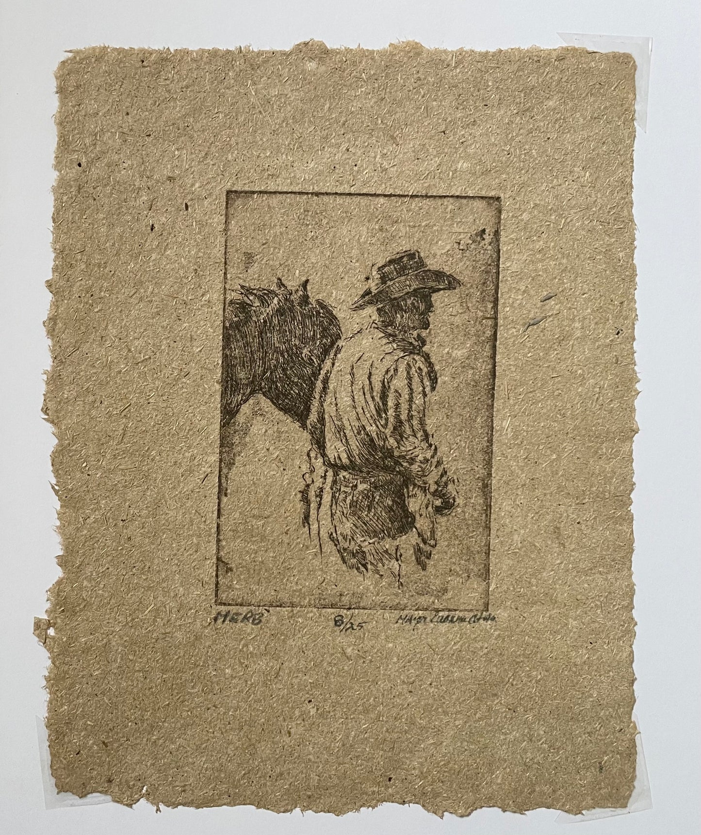" Herb " Cowboy and Horse Intaglio Etching on Handmade Paper