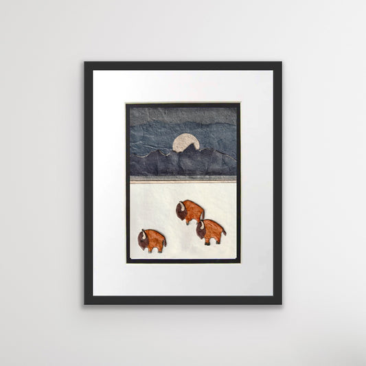 " Moonlit Buffalos " Paper Collage Art