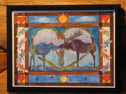 " Blue Moose Love and Cattails " Framed Original