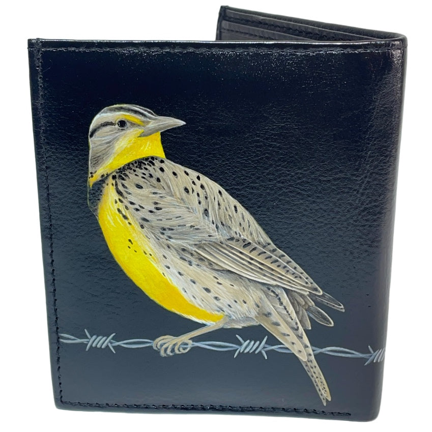 Meadowlark Pair Perched on Barbed Wire on Black TALL Bi-Fold Wallet