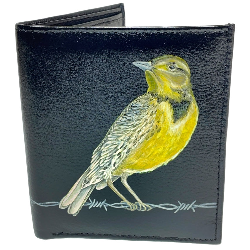 Meadowlark Pair Perched on Barbed Wire on Black TALL Bi-Fold Wallet