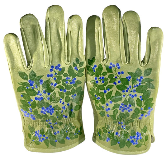 Huckleberry Bush on Sage Green  Medium Leather Gloves