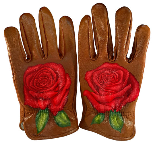 Red Roses on Brown Medium Leather Gloves