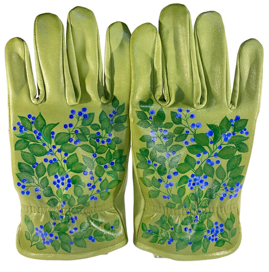 Huckleberry Bush on Sage Green Large Leather Gloves