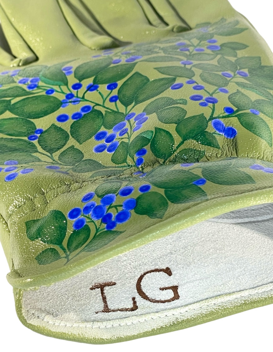 Huckleberry Bush on Sage Green Large Leather Gloves