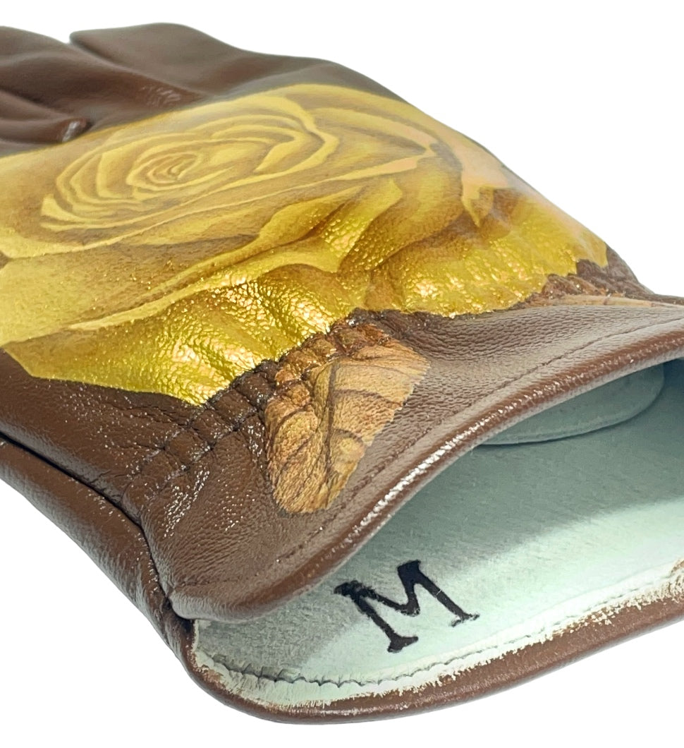 Yellow Rose and Rose Buds on Brown Medium Leather Gloves