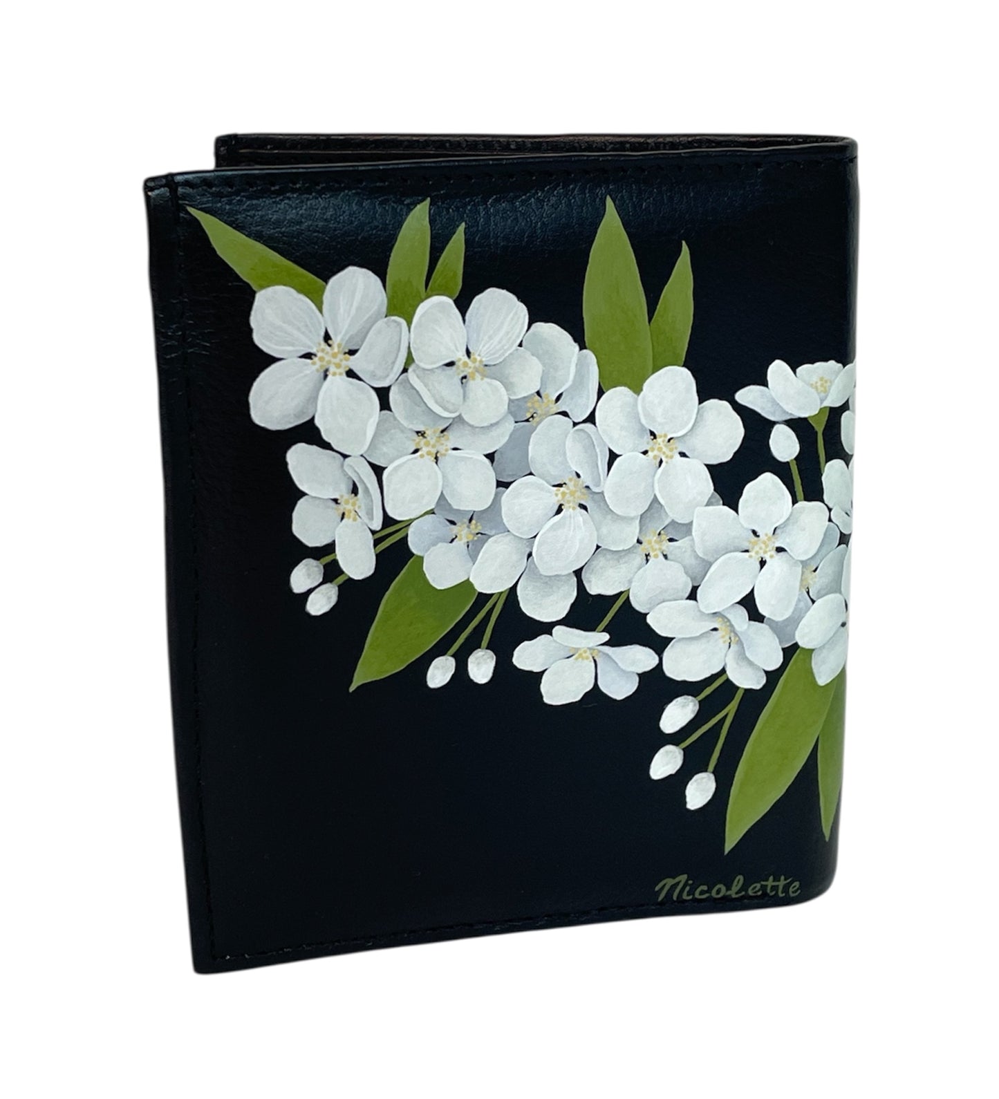 Black Leather Bi-Fold Wallet- "White Thunderchild Crabapple Blossoms"